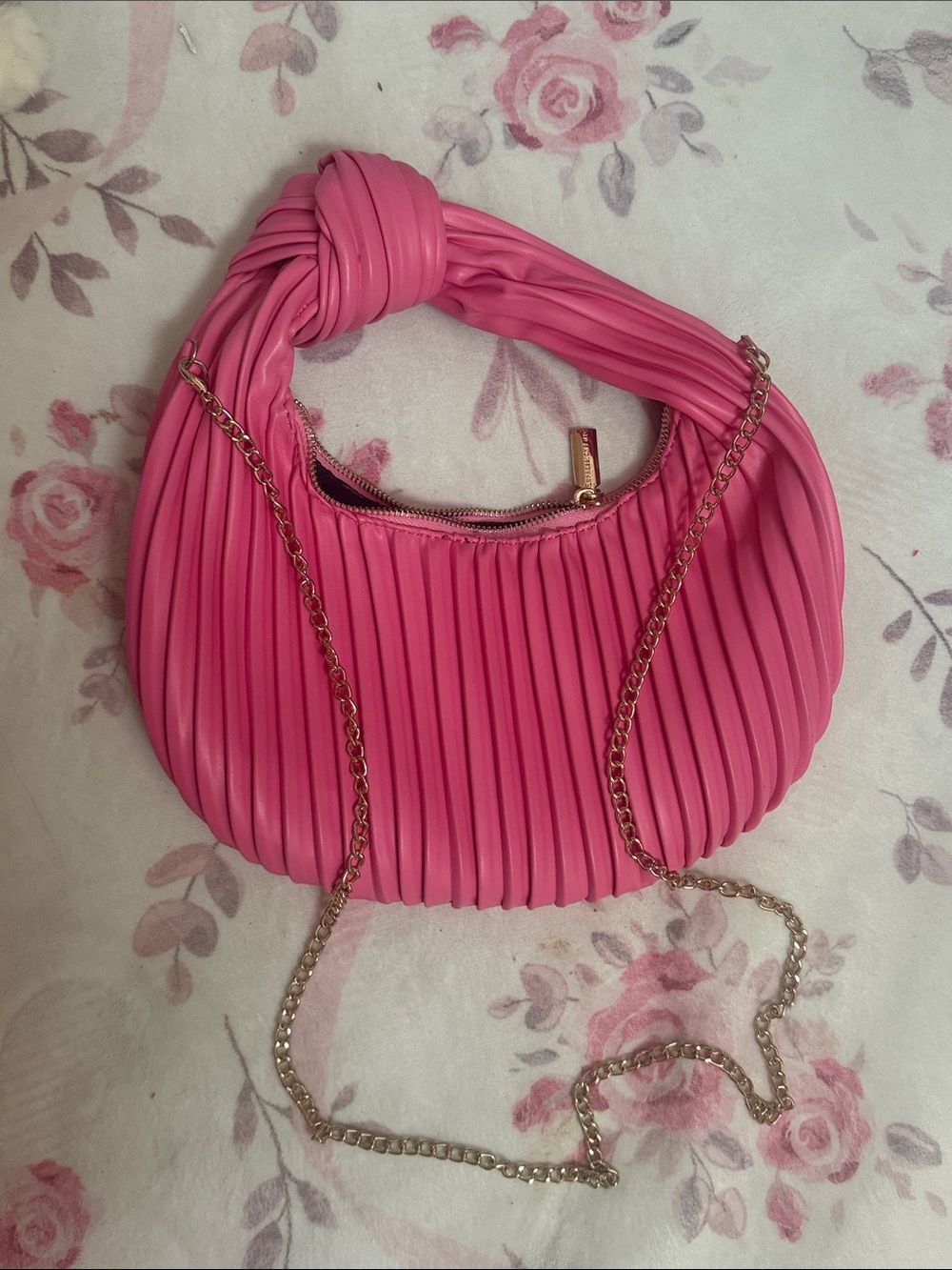 Hot Pink Pleated Shoulder Bag with Gold Chain Strap
